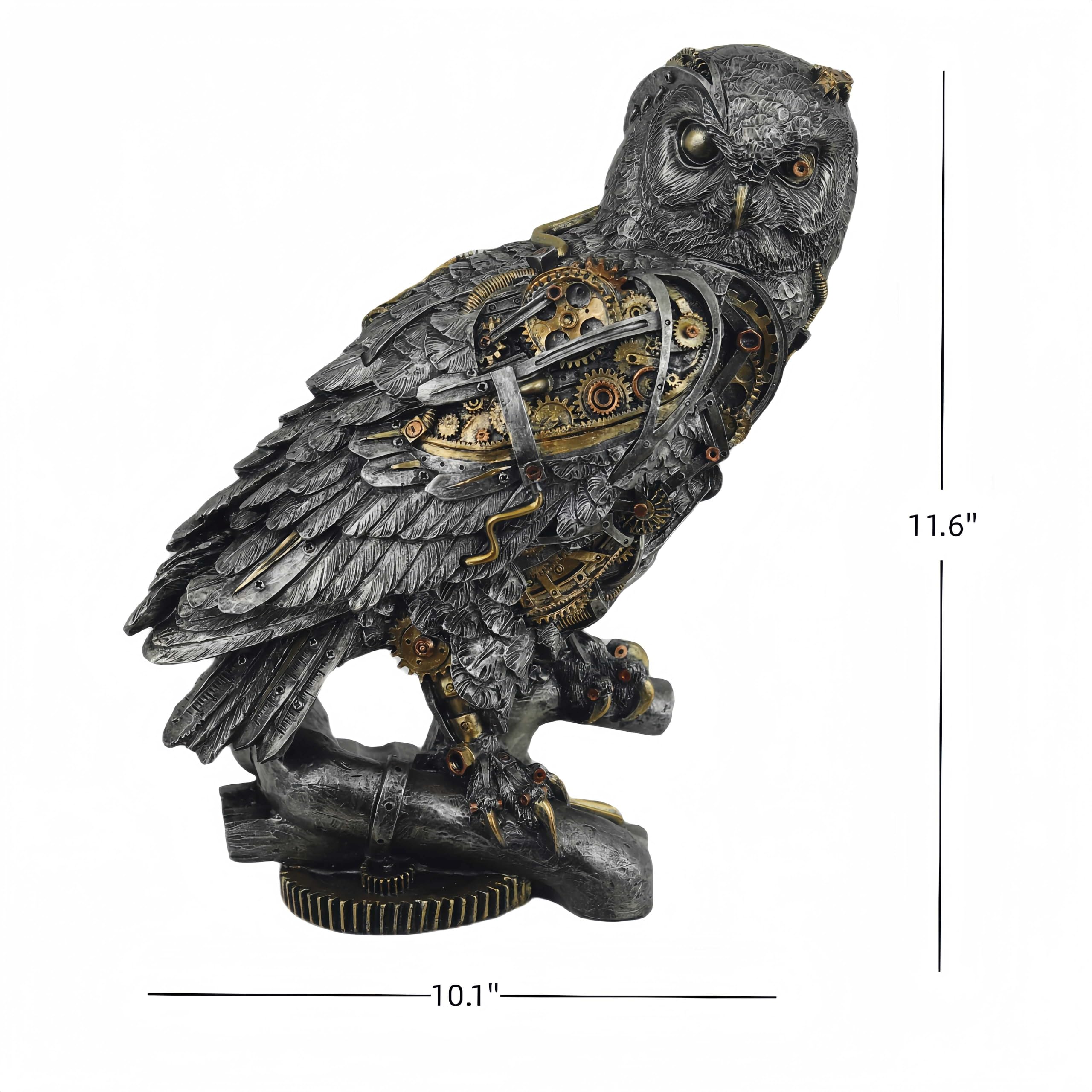 HEINBOW Steampunk Owl Statue 11.6'' H Metallic Silver and Gold